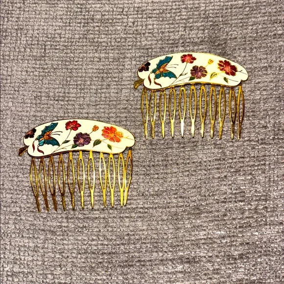 Vtg Cloisonné Floral/ Butterfly Hair Combs Gold Tone Metal Hair Accessory - Picture 1 of 2